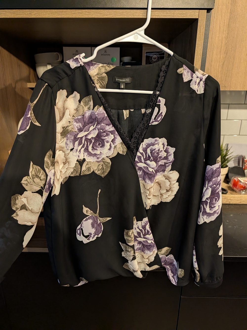 Dynamite Black Floral Wrap Blouse with Purple Roses